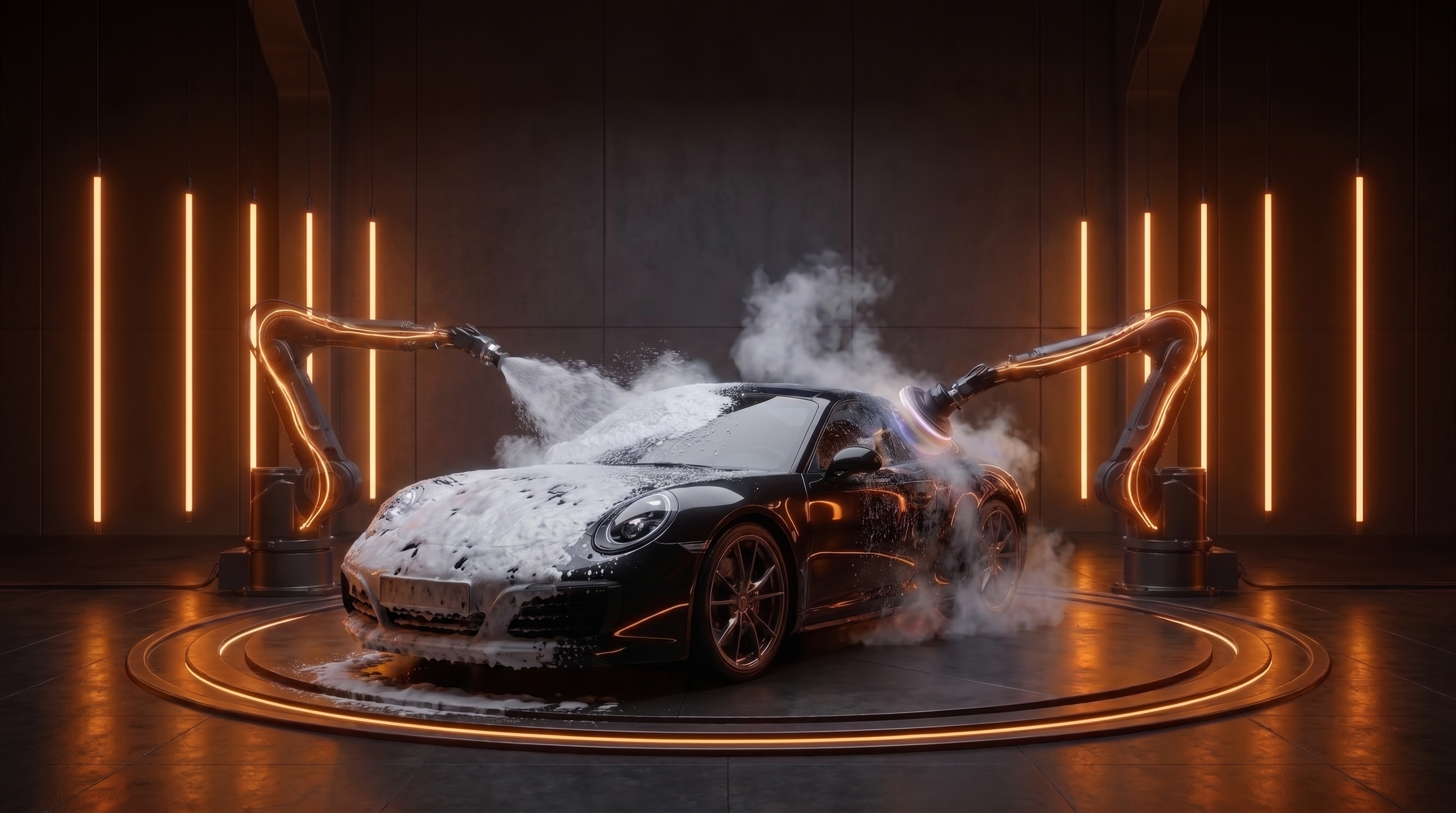 3D-visualisering av utvändig rekond – svart sportbil som skumtvättas och poleras av robotarmar i studio med orange neonljus